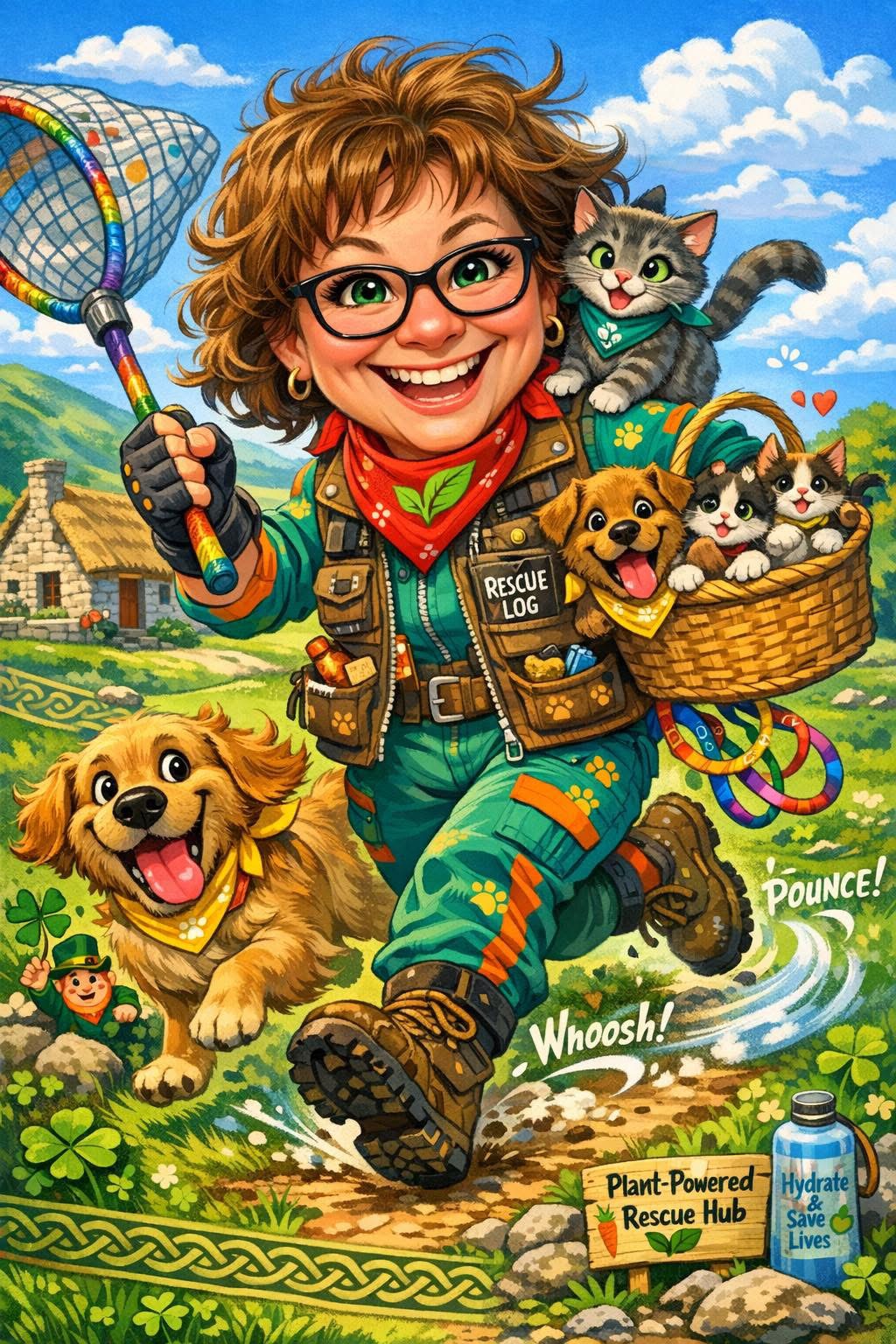 An exuberant AI illustration of Babs rescuing cats and dogs in the Irish countryside.
